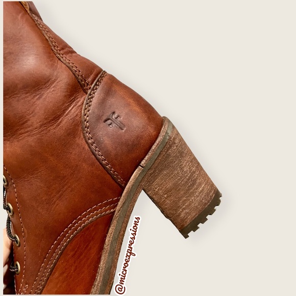 Frye Karen Cognac Leather Combat Lace Up Combat Wood Block Heeled Ankle Booties - Picture 10 of 14
